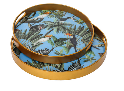 Set of 2 Gold Blue Green Round Trays