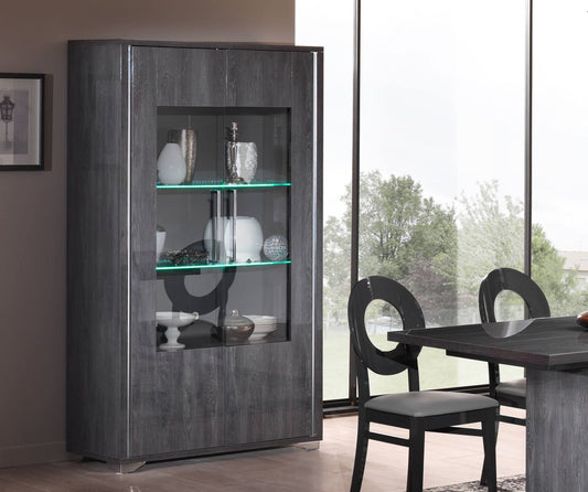 Armony Italian 2 Door Grey Gloss Glass LED Display Cabinet