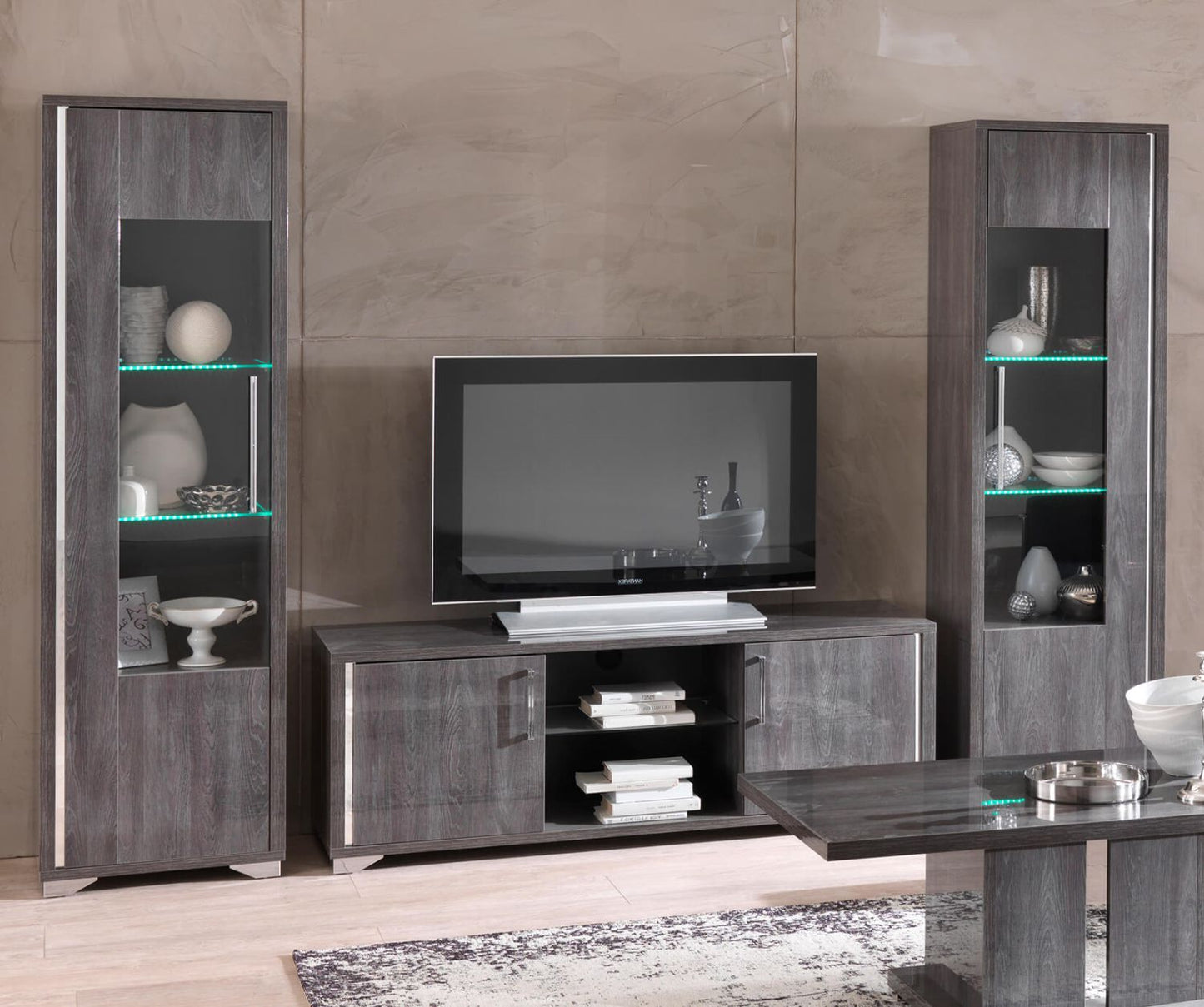 Armony Italian 1 Door Grey Gloss Glass LED Display Cabinet
