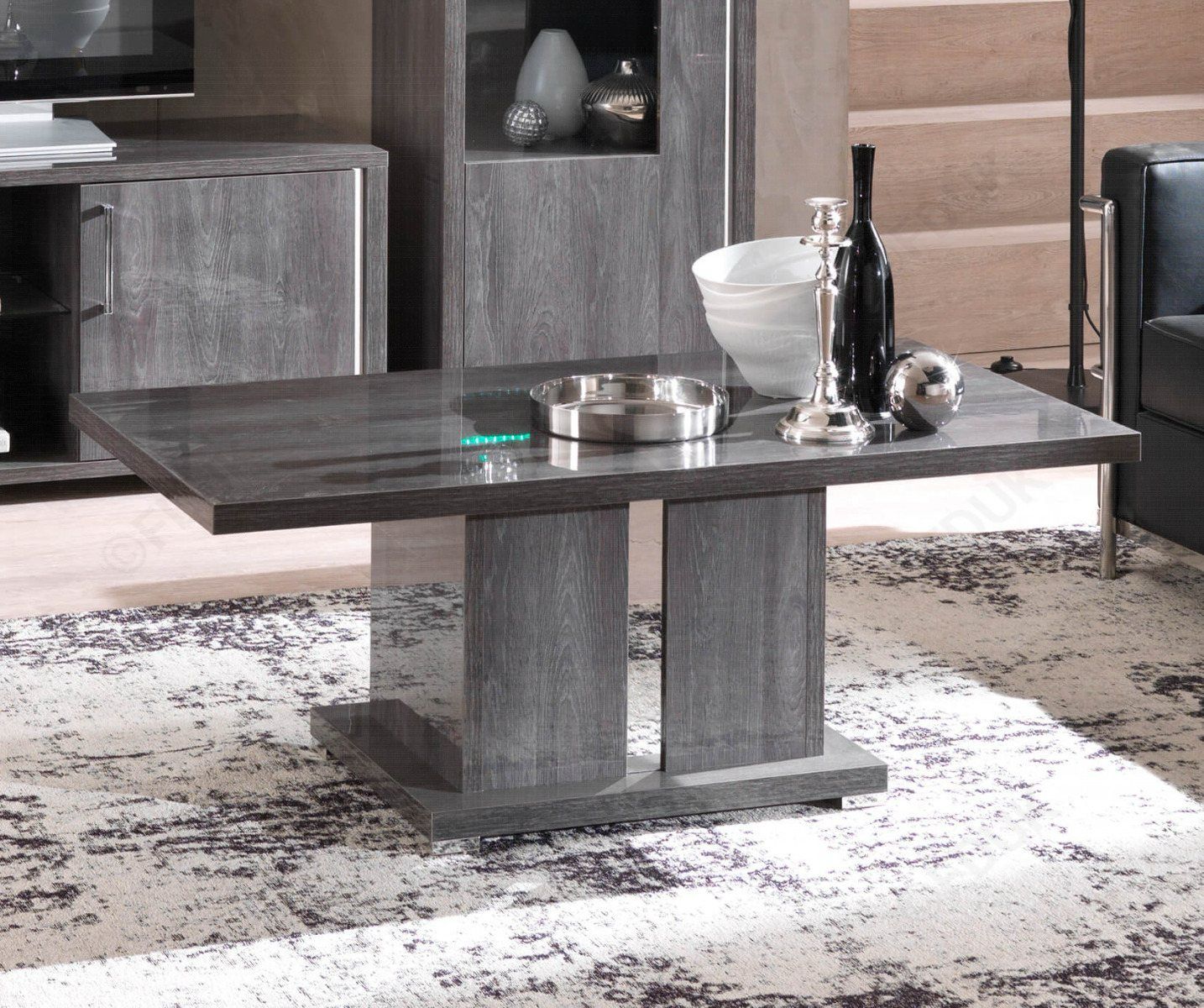 Armony Italian Grey Gloss Coffee Table with Pedestal Base and Chrome Feet