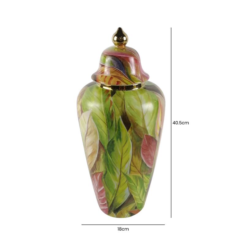 Green and Pink Leaves Ginger Jar