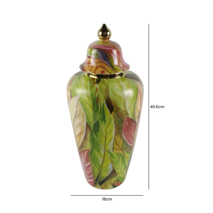 Green and Pink Leaves Ginger Jar