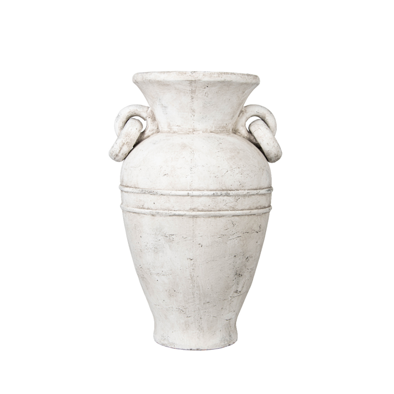 Handmade Antique White Terracotta Vase with Ring Handles