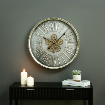 Round 60cm Grey Gears Wall Clock with Roman Numerals