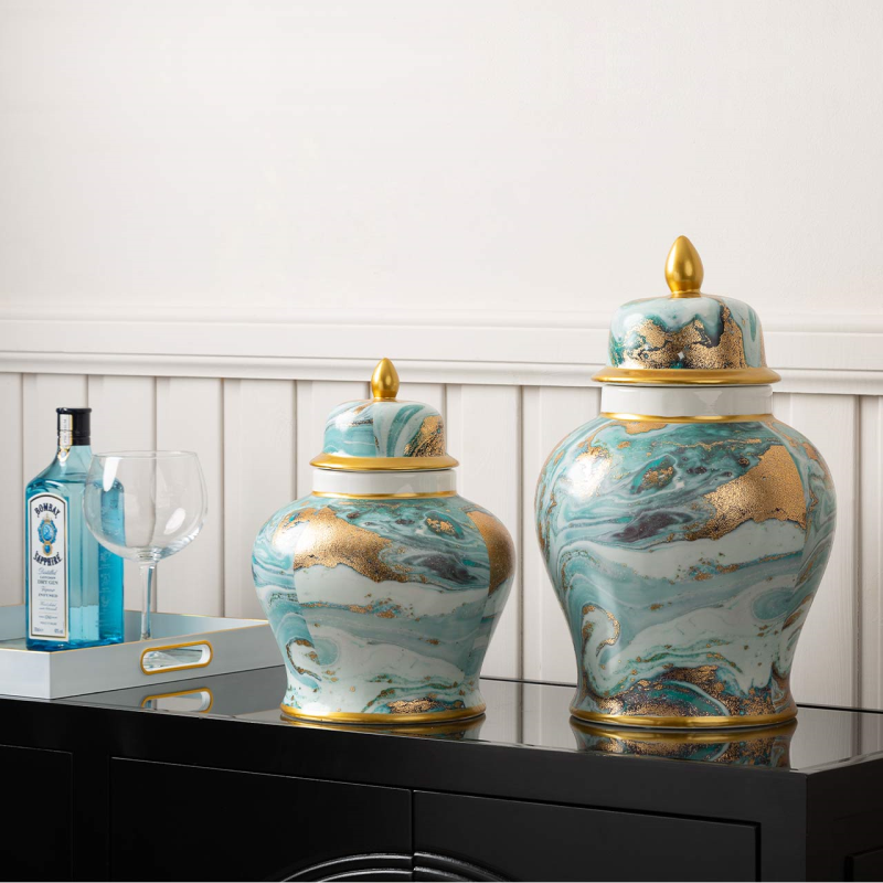 Blue White Gold Abstract Ginger Jar