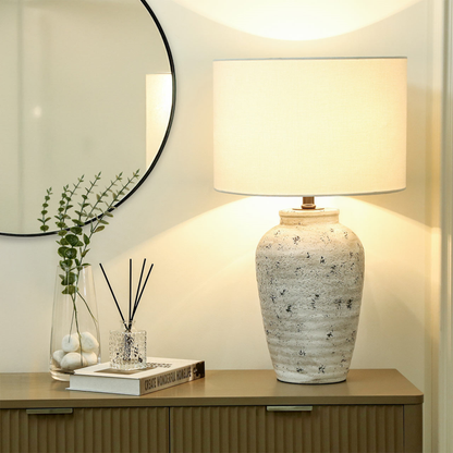 58cm White Textured Travertine Polyresin Table Lamp With Linen Shade