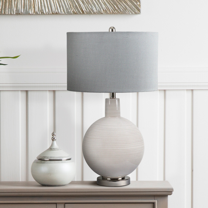 72cm Grey Stripe Glass Table Lamp With Grey Silk Shade