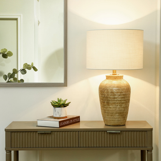 58cm Textured Travertine Polyresin Table Lamp With Linen Shade