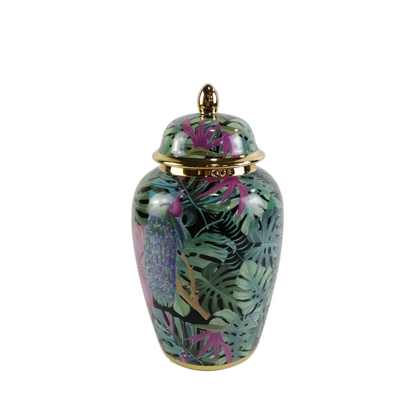 Green and Pink Palm Leaves Design Ginger Jar