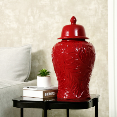 Red Handmade Carved Ceramic Ginger Jar