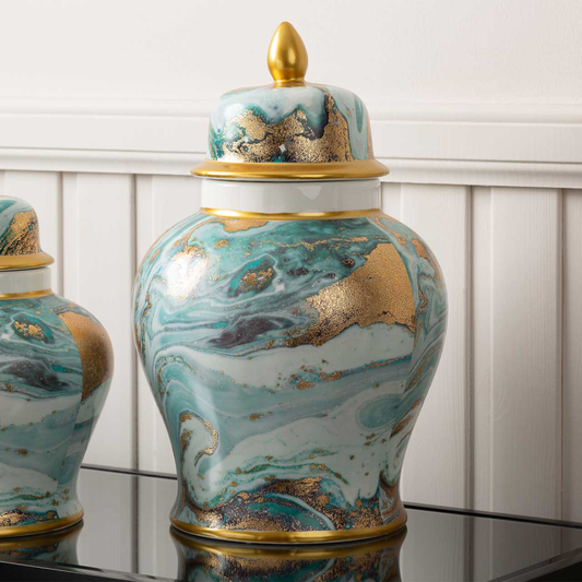 Blue White Gold Abstract Ginger Jar