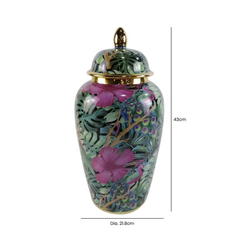Green and Pink Palm Leaves Design Ginger Jar
