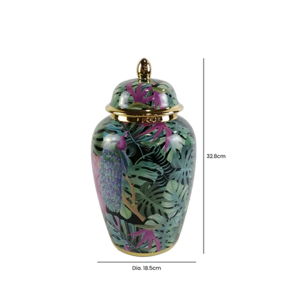 Green and Pink Palm Leaves Design Ginger Jar