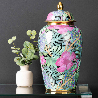 Green and Pink Palm Leaves Design Ginger Jar