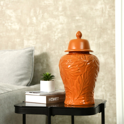 Orange Handmade Carved Ceramic Ginger Jar