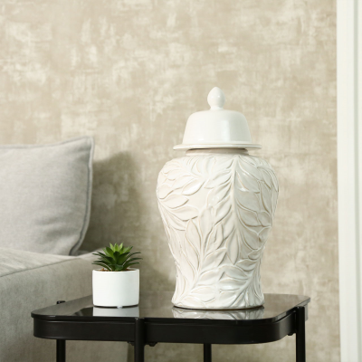 White Handmade Carved Ceramic Ginger Jar