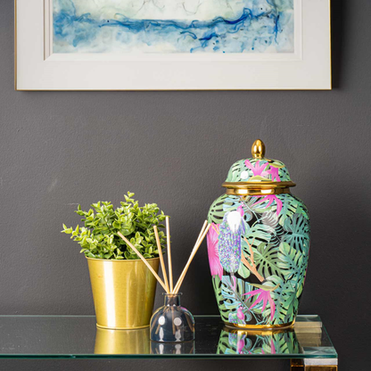 Green and Pink Palm Leaves Design Ginger Jar