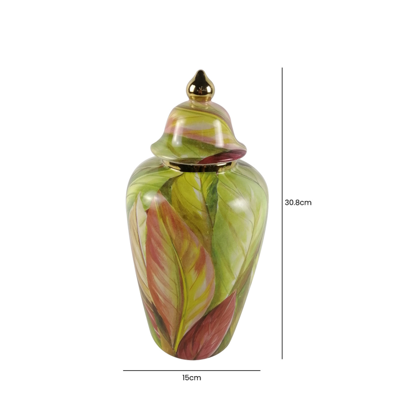 Green and Pink Leaves Ginger Jar